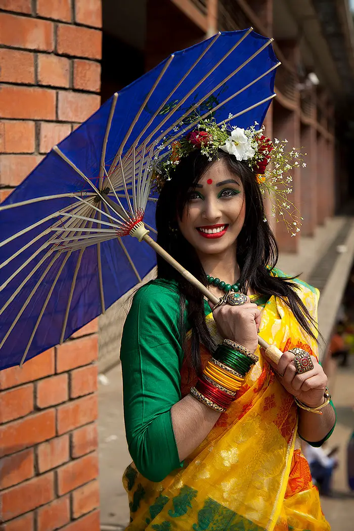 Girls with pohela falgun saree